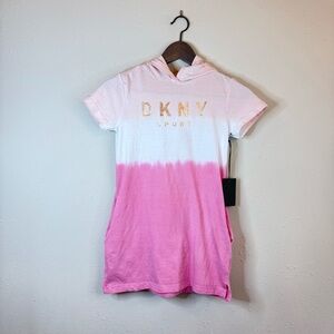 DKNY Sport Girls Logo Hooded Pink White Ombré T-Shirt Dress Sz M NWT